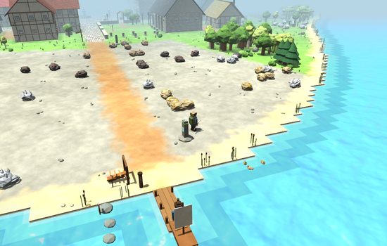 A stony shore with ore rocks and a short pier, the houses of the town behind