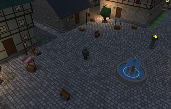 The square at night, the fountain in the dark and lamplight pooling by the town hall